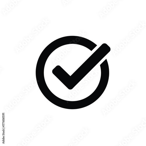 Black Circle Tick Icon on White Background Approval, Check Mark Illustration