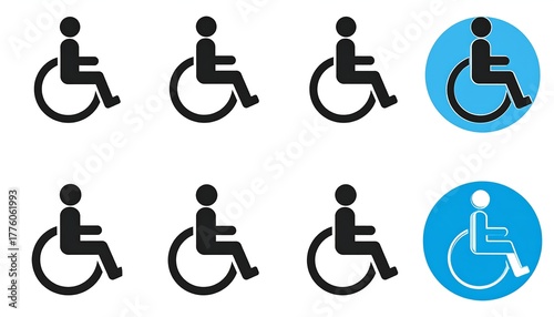 Pictograms figure seated in wheelchair, both in black and white styles and blue circular backgrounds, on white