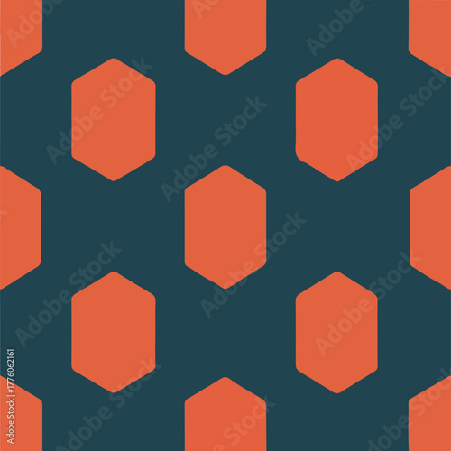A seamless geometric pattern of small elongated hexagons in muted reddish orange on a deep teal blue background. Clean flat and rhythmic design inspired by textile art and modern minimalism