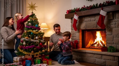 Family Decorating Christmas Tree Together in Cozy Living Room.