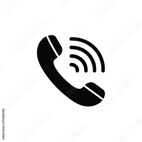 Black Telephone Handset Icon with Sound Waves Emanating Communication Concept Design