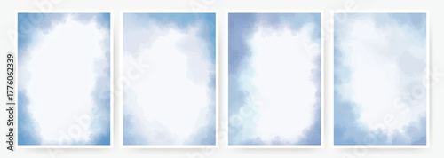 Set of watercolor backgrounds in soft blue. Collection of winter, cold, frosty templates for postcards, flyers, leaflets, covers, and designs. Vertical cards with wet paint stains, vector graphics