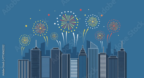 Colorful fireworks exploding over a modern city skyline at night.