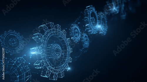 Dynamic interconnected gears symbolizing innovation, technology, and seamless workflow in a futuristic blue network