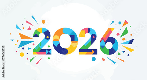 Colorful graphic design of the year 2026 with festive confetti elements.
