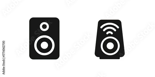Two black speaker icons, one a traditional speaker and the other a wireless speaker with Wi-Fi signal waves.