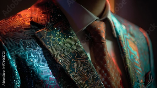 Stunning modern suit styled with intricate circuit board patterns and vibrant neon lighting for a futuristic tech mogul look