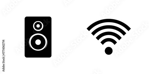 Simple black and white vector graphics of a loudspeaker and a wireless signal symbol on a white background