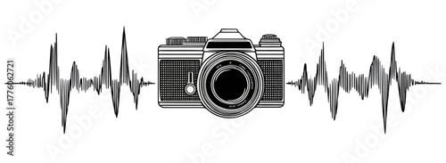 Camera surrounded by sound waves, representing audio-visual connection.