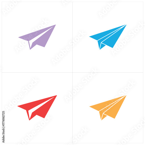 Colorful Paper Airplanes Lilac, Blue, Red, and Orange on White Background, Origami Style Design