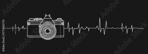 Camera and heartbeat line art on a black background, symbolizing the passion for photography.