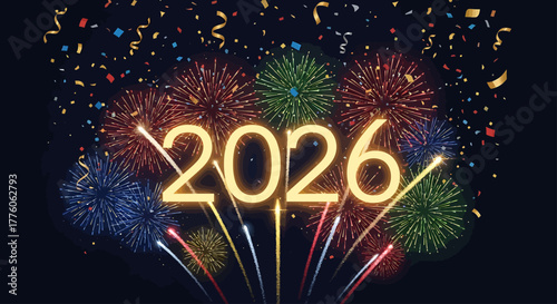 A vibrant display of fireworks illuminates the night sky behind the glowing numbers '2026', symbolizing the upcoming New Year celebration.