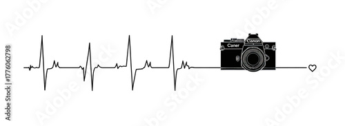A black camera is connected to an electrocardiogram line, ending with a small heart symbol