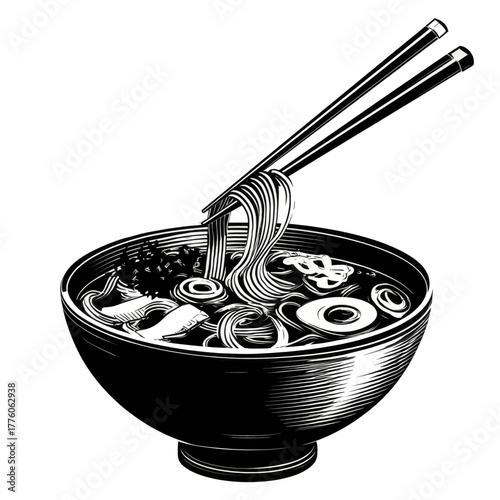 Black and white woodcut illustration of a bowl of ramen noodles with chopsticks picking up strands of pasta.
