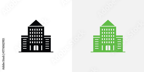 Dual Building Icons Black Silhouette and Green Outline Against Light Gray and White Backgrounds