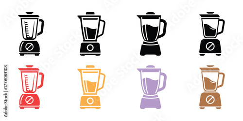 Eight Colorful Blender Icons Kitchen Appliances in Red, Yellow, Purple, Brown, and Black Tones