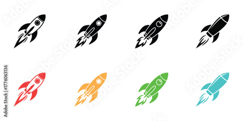 Eight Colorful Rocket Launching Icons Black, Red, Orange, Green and Cyan Startup Symbols