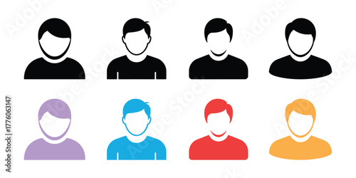 Eight Person Icons in Black, Purple, Blue, Red, and Gold Showing Head and Shoulders