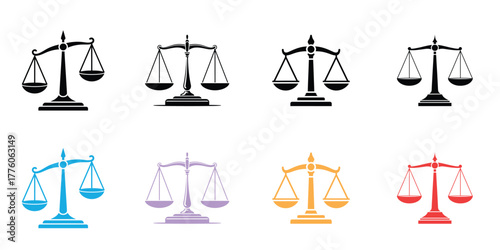 Eight Scales of Justice Icons Black, White, Blue, Purple, Yellow, Red Variations
