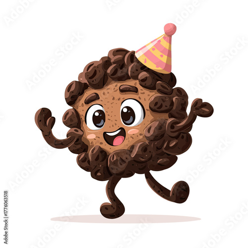 A cute, cartoonish chocolate chip cookie character wearing a party hat and dancing joyfully, with its arms and legs in motion.