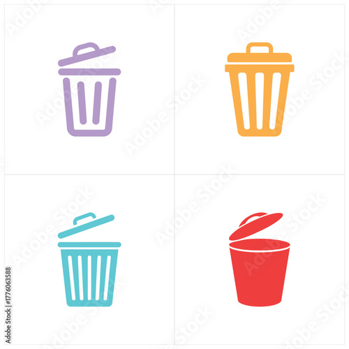 Four Colorful Trash Can Icons with Lids Lilac, Orange, Teal, and Red
