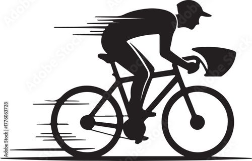 Fast Delivery Cyclist Silhouette on Bicycle Ride Isolated on Transparent Background