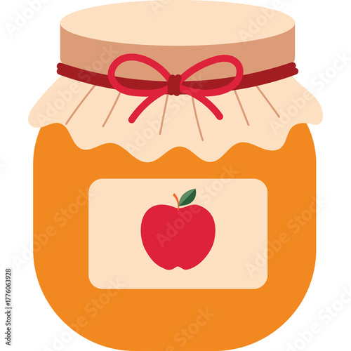 Glass Jar Filled With Golden Apple Jam Sealed With Fabric And Red Ribbon On A Transparent Background With A Red Apple Label