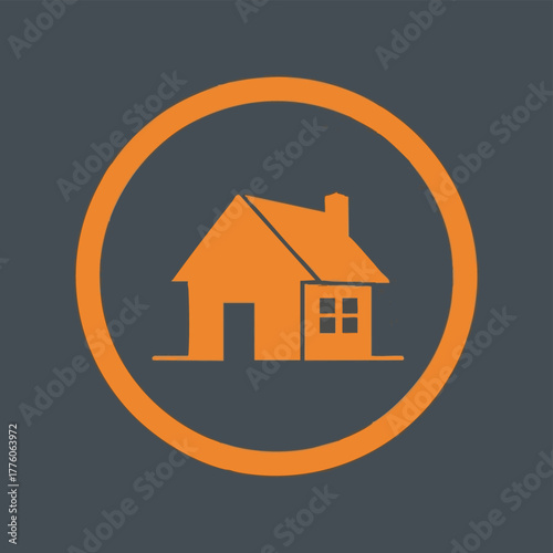 A simple orange house icon, enclosed within a circle, representing home, real estate, and property concepts on a grey background.