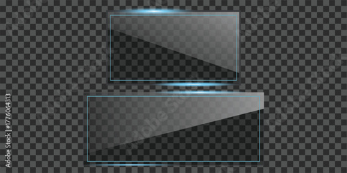 Two realistic glass frames or blank banners with blue light reflection, isolated on a transparent checker background. Modern clear acrylic or plexiglass boards with shadow effect.