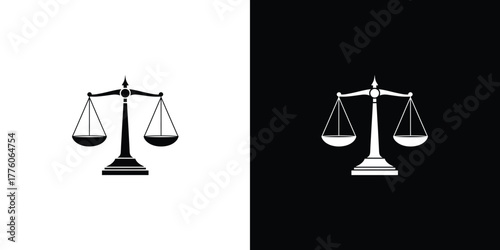 Justice Scales Icon Illustration, Black and White Law Balance Symbol Imagery