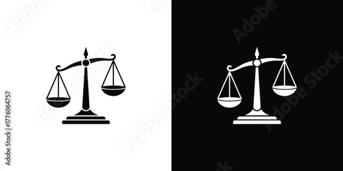 Justice Scales Silhouette, Balance Icon, Weights Symbol Isolated on White/Black