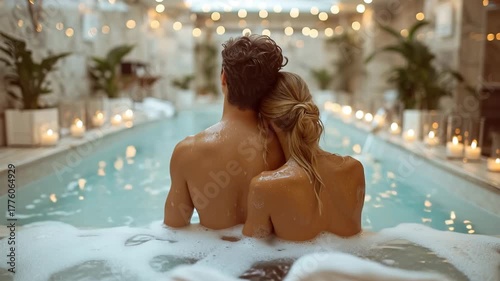 Video of rear view of young couple in jacuzzi swimming pool on luxury hotel spa resort.Slow motion.AI Generative.