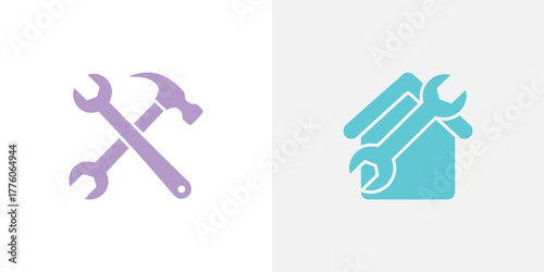 Light Purple Hammer and Wrench Crossing, Blue House with Wrench, Repair Icons, Isolated