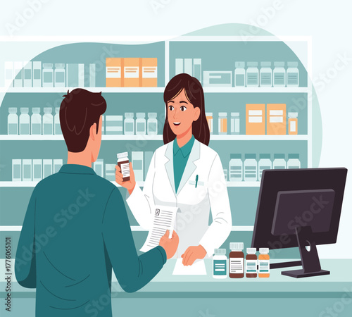 Pharmacist serving customer at pharmacy counter isolated on white background pharmacist giving medicine and prescription to patient healthcare and pharmaceutical concept