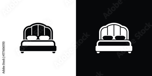 Minimalist Bed Icon Illustration Black Bed on White, White Bed on Black Background