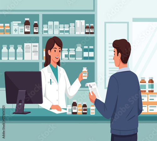 Pharmacist serving customer at pharmacy counter isolated on white background pharmacist giving medicine and prescription to patient healthcare and pharmaceutical concept