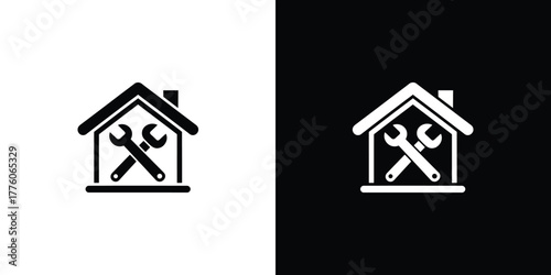 Minimalist Home Shape with Wrenches Crossed Inside on Transparent Background