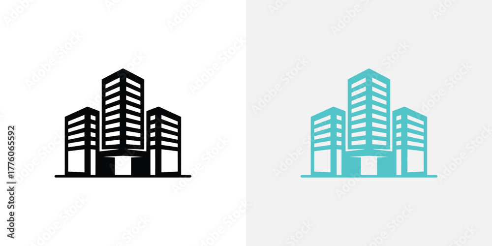 Obraz premium Modern Office Buildings Icon Black and Turquoise Illustration on Split Background