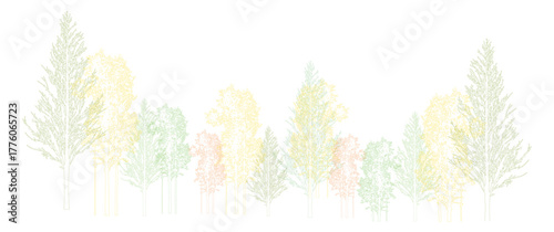 A line art illustration of a forest with trees in green yellow and orange outlines vector