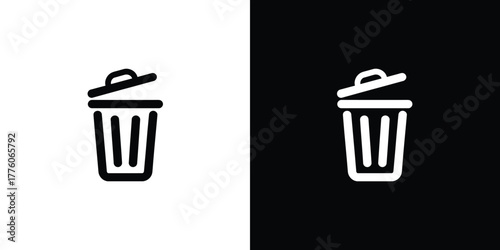 Open Top Trash Can Icon, Minimalist Style, Simple Design, Black and White