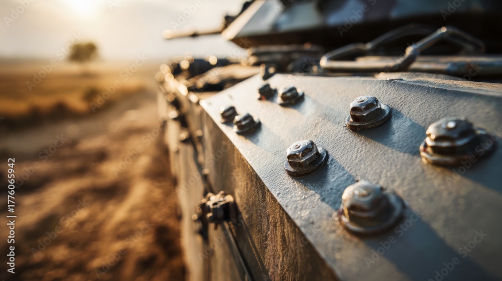 Obraz premium Close-up of a tank's exterior with rivets, showcasing rugged textures and warm sunset lighting.