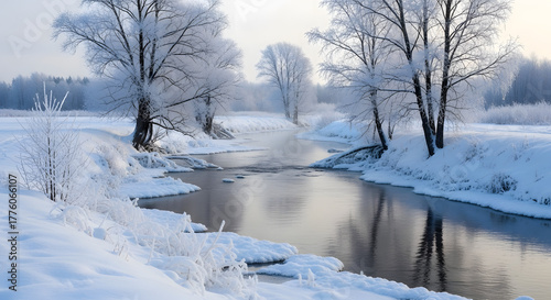 Serene winter river landscape with snow-covered banks and frosted trees