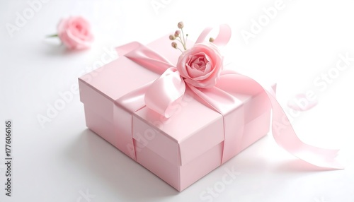 Pink gift box tied with a ribbon and adorned with a rose sits on a white surface, soft focus & minimalist style