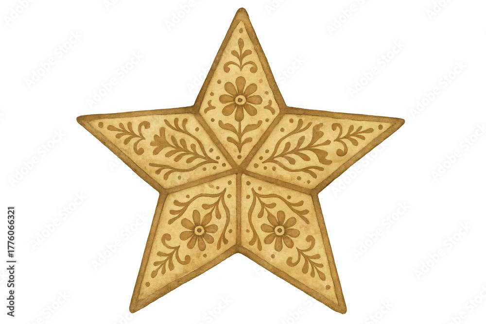 Fototapeta premium Folk art style star illustration displaying a floral pattern in yellow and brown. Transparent background