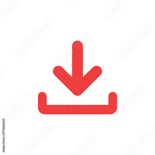Red Download Icon on White Background, Arrow Pointing Down into Tray Symbol