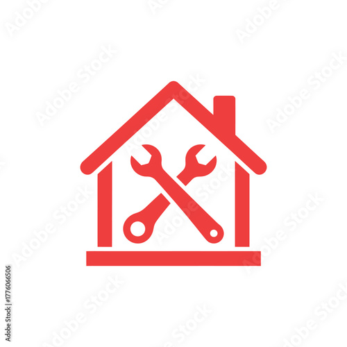 Red House Icon with Crossed Wrenches Inside for Home Repair Logo Symbol