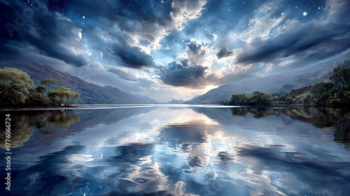 湖面に写る雲の幻想的な風景