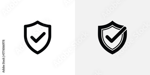 Security Shield Icons with Check Marks, Black and White Illustration, Protected Data