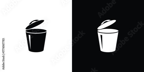 Simple Isolated Trash Can with Opened Lid in Black and White Style Design