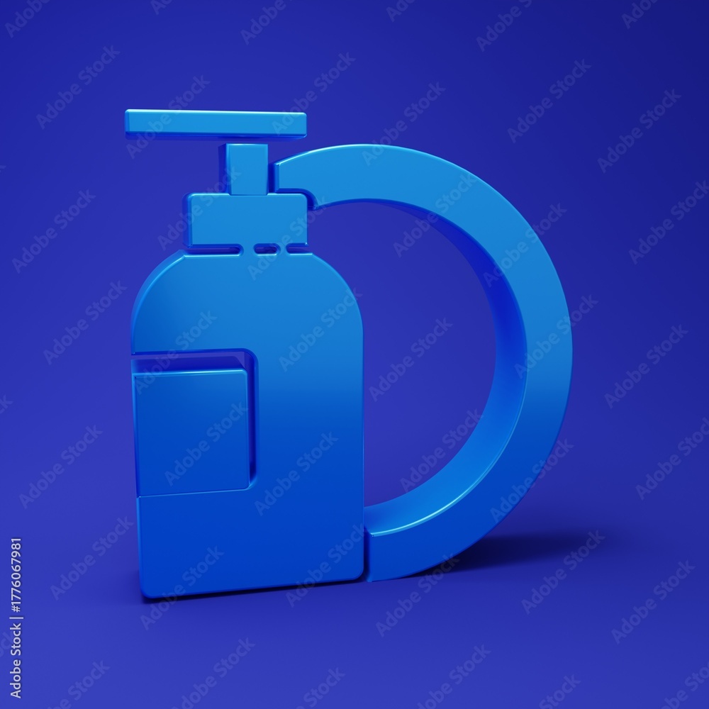 Fototapeta premium Blue Dishwashing liquid bottle and plate icon isolated on blue background. Liquid detergent for washing dishes. Minimalism concept. 3D render illustration